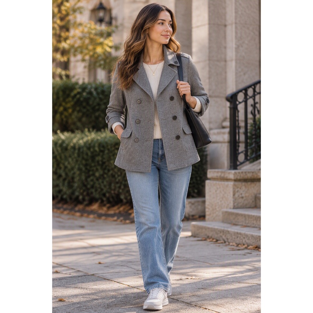 CAbi Pea Coat Women L Gray Nautical Coastal Preppy Double Breasted Layering
